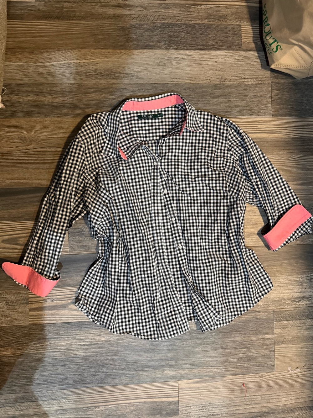 Ralph Lauren Black and White Gingham Button-Down with Pink Trim